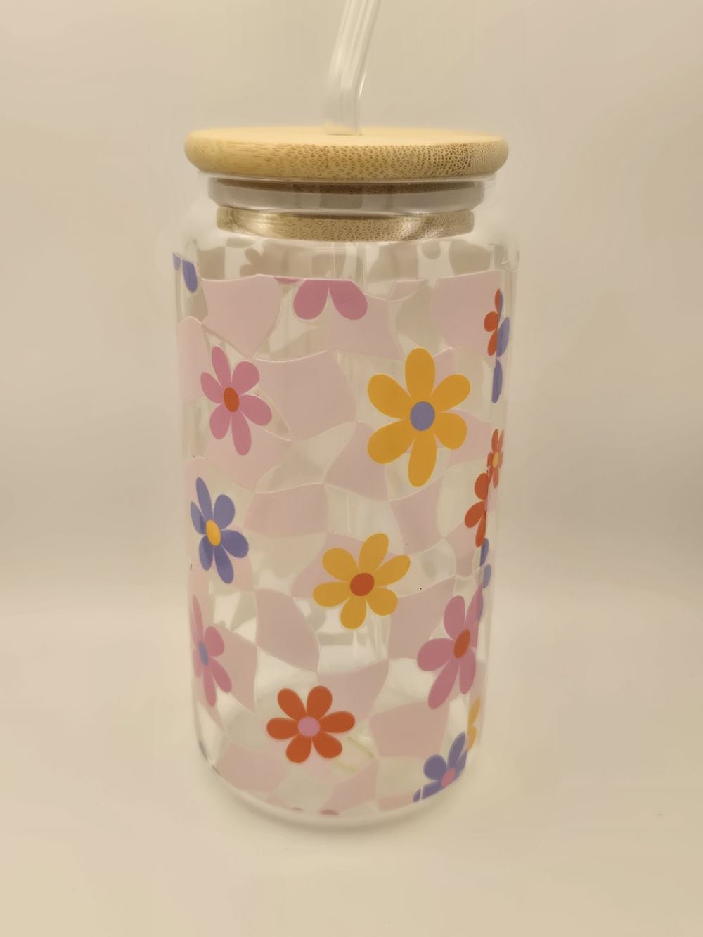 Floral Glass Drink Tumbler with Bamboo Lid - Pink, Yellow & Purple